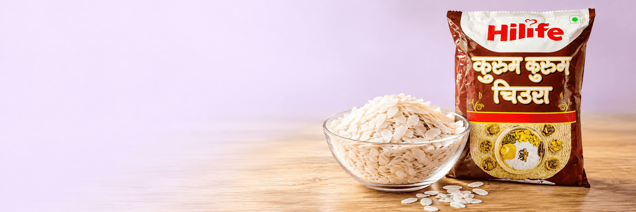 Hilife Kurum Kurum Chiura flattened rice promotion banner with a glass bowl of chiura on a lavender background