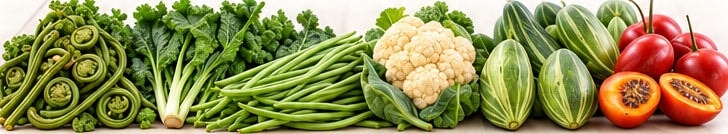 Wide strip of fresh vegetables including fiddlehead ferns, leafy greens, long green beans, cauliflower, striped gourds and red tamarillos